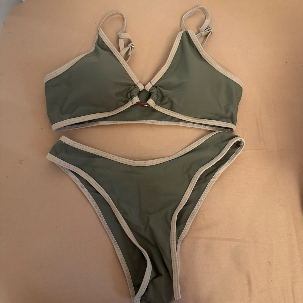 NWT Shein Olive Green Two Piece Bikini Swimsuit Ring Detail Size Small